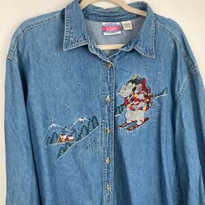 Vintage 90s Womens XL  Holiday Embroidered Chambray Shirt Novelty Whimsical Ski